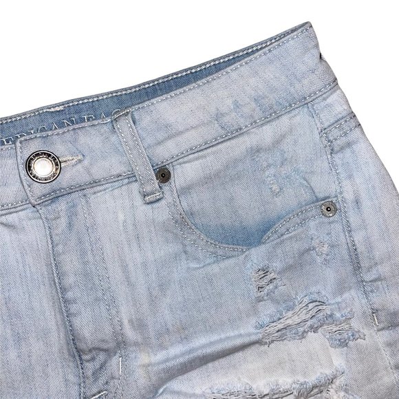 American Eagle Outfitters AEO Distressed Hi-Rise Shortie Light Wash Shorts 6 - Picture 3 of 9